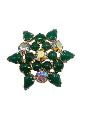 Vintage Unsigned Juliana Green Cabochon Aurora Borealis Rhinestone Brooch Pin